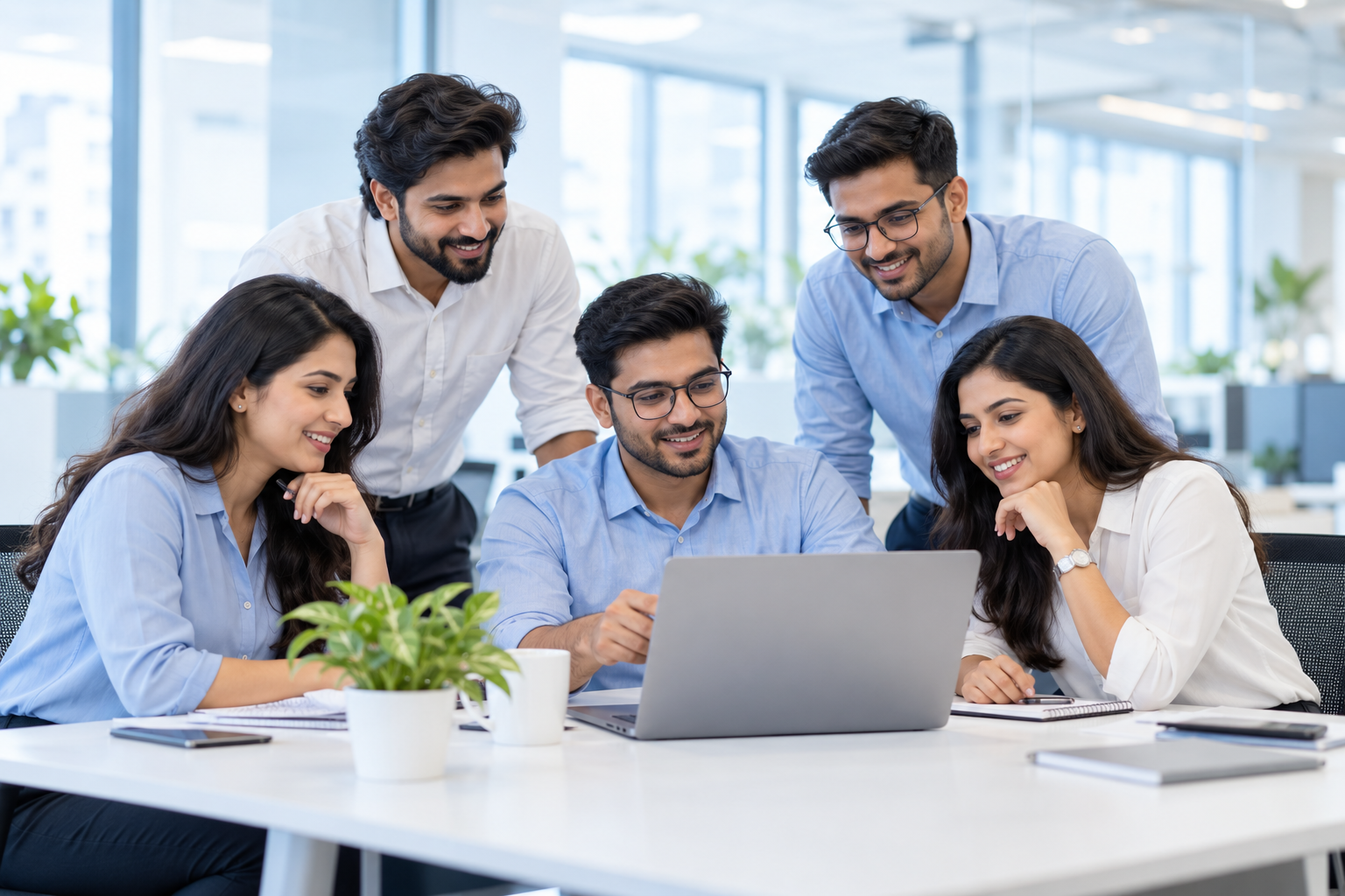 Illustrative AI-generated office team collaborating on a laptop